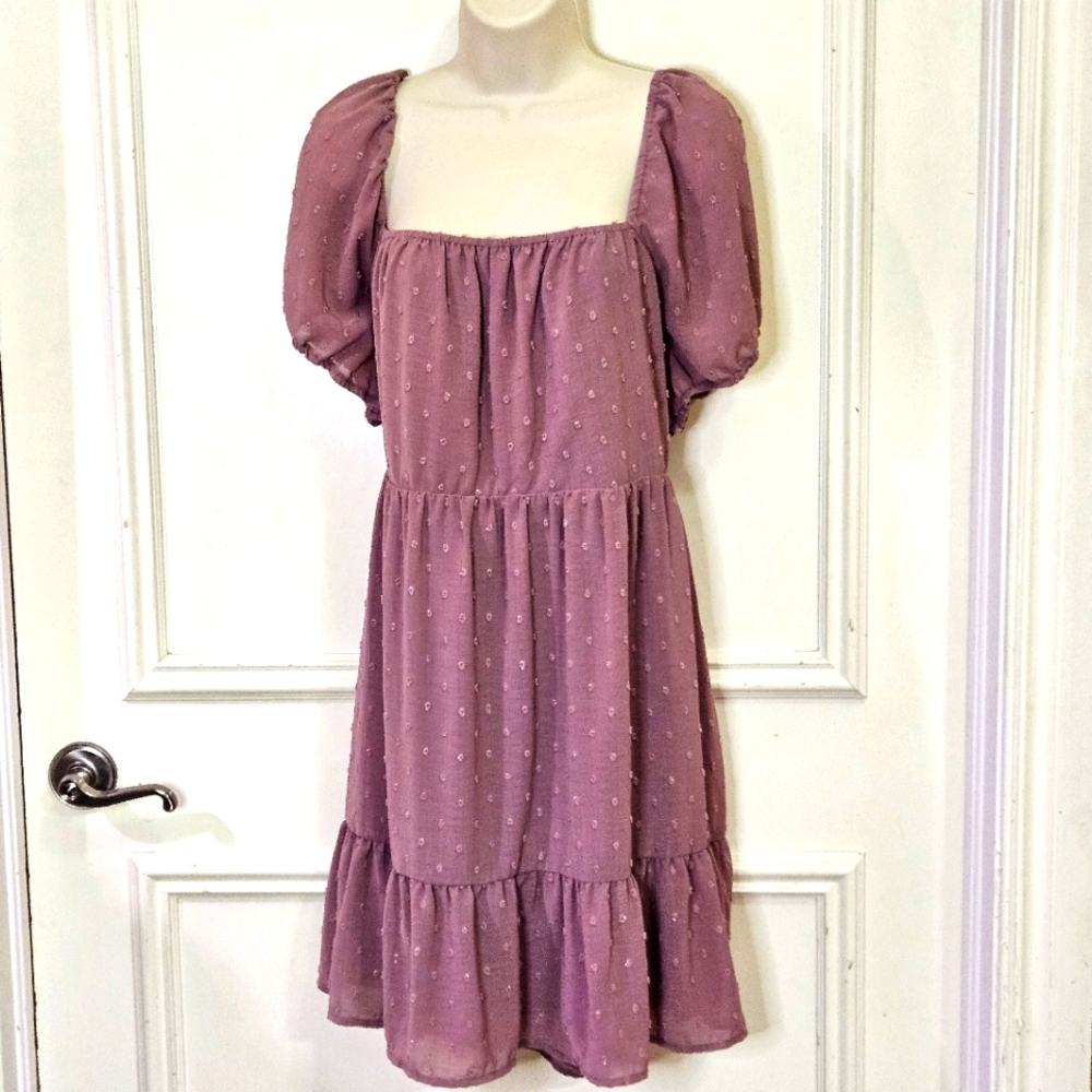 A Beautiful Soul Plum Textured Swiss Dot Square Puff Sleeve Dress,Size A(14-16)